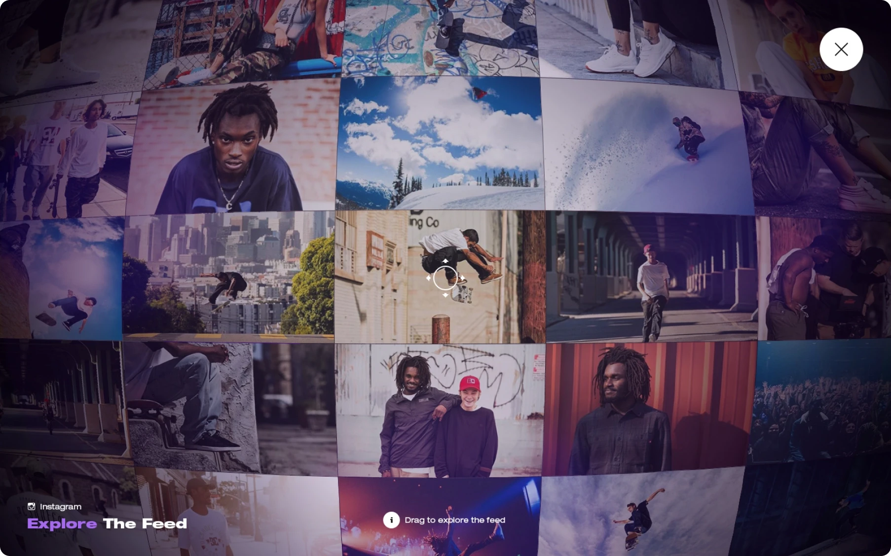 Dark collage of social media photos shows diverse young people skating, posing, and exploring graffiti-covered city streets; “Explore the Feed” appears below.
