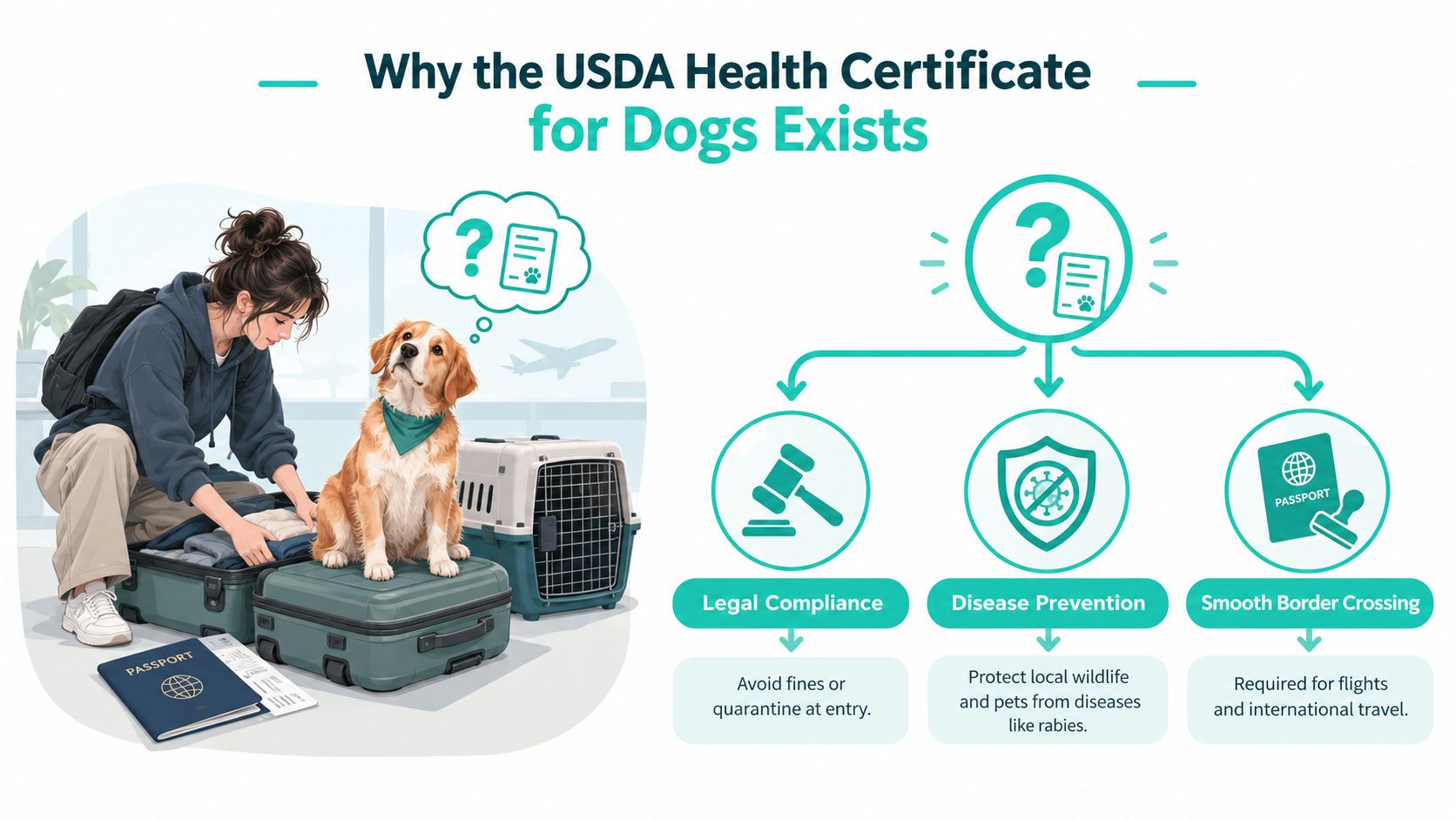 A traveler packing a suitcase next to their dog, illustrating the reasons for obtaining a USDA health certificate.