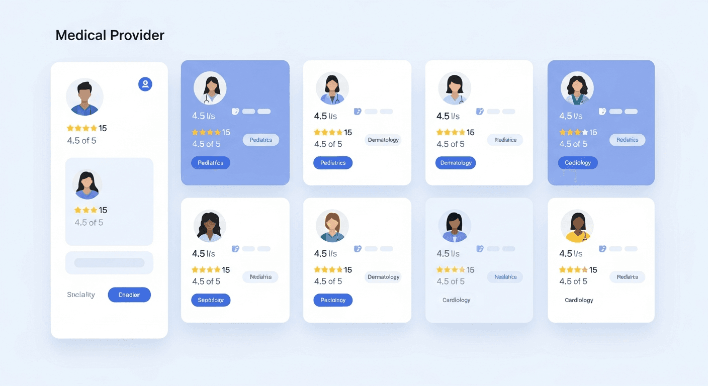 Professional illustration showing a digital healthcare marketplace concept. A clean, modern interface displaying a grid of diverse medical provider profiles with avatar icons, ratings shown as stars, and specialty tags. Soft blue and white color scheme with minimal design. The layout suggests browsing and selection, with profile cards arranged in a organized grid. Calm, trustworthy aesthetic with professional healthcare feel. No text or words visible.