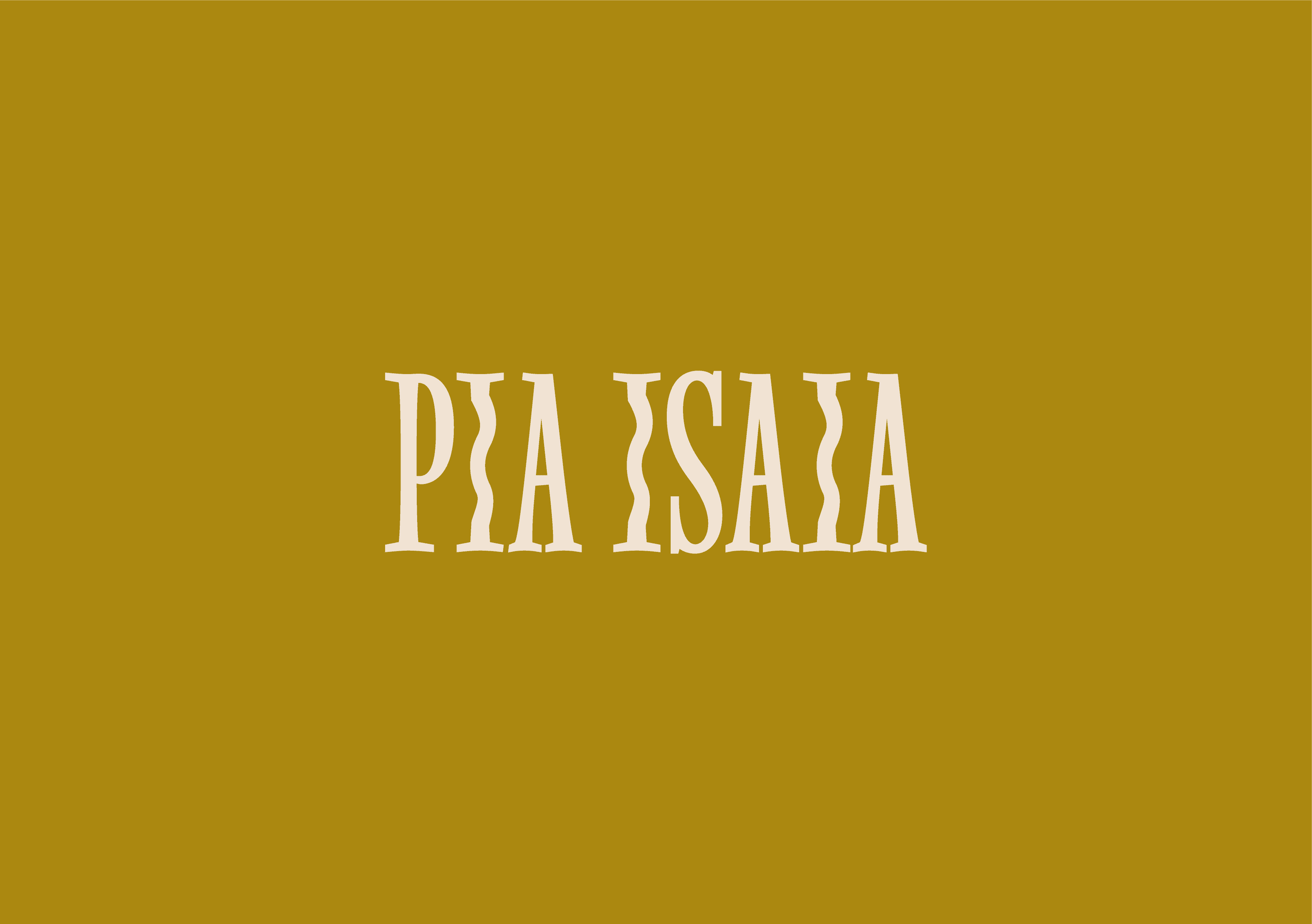 The image features stylized white text "PIA ISAIA" against a mustard yellow background, using a unique, artistic font.