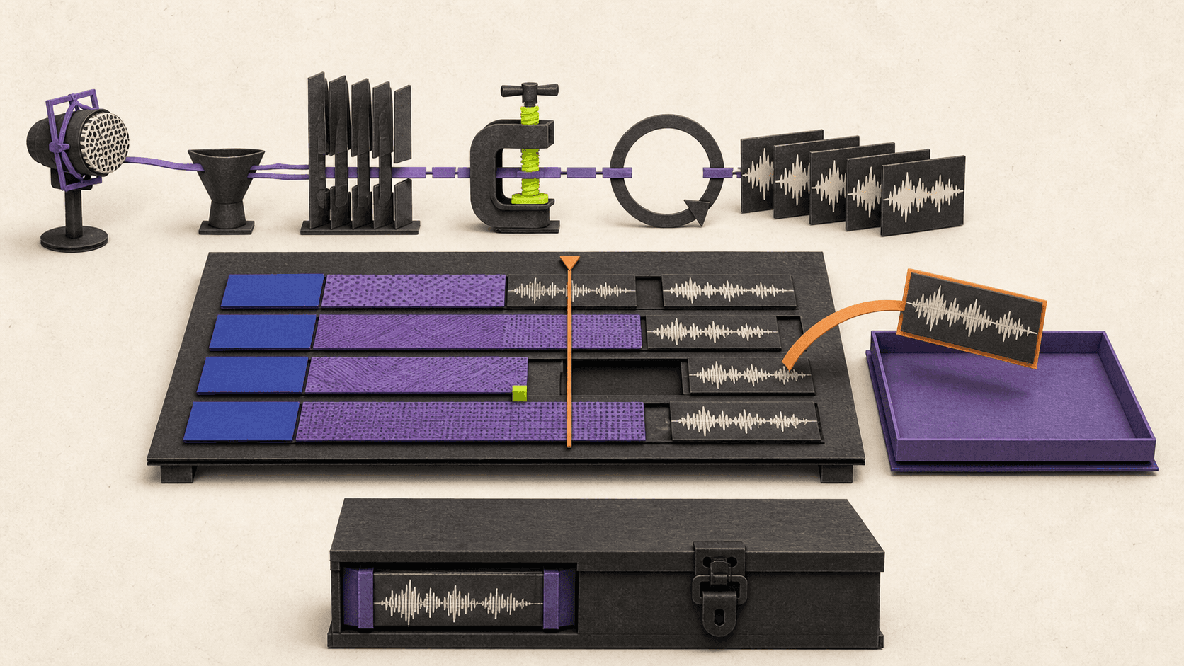 A recording path adds waveform clips to a music project while an edited clip is removed and its source remains protected in a separate archive.