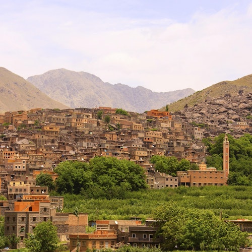 山村里，砖房密密麻麻，前景有绿色树木，背景是岩石山丘，天空多云。