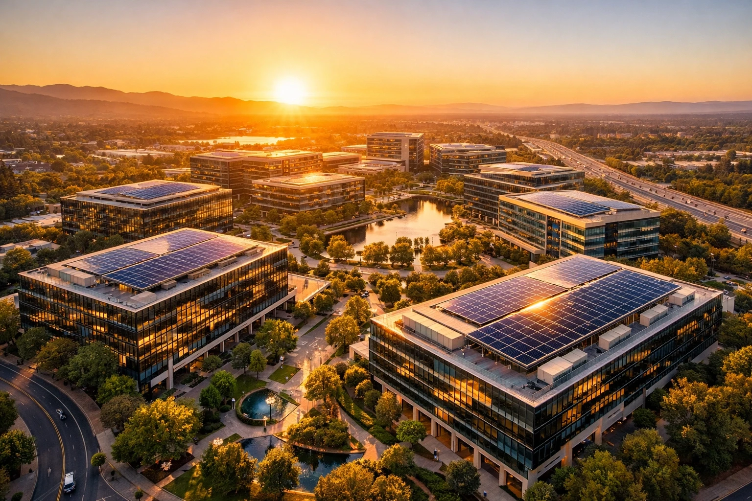 Sustainable business district featuring commercial buildings with rooftop solar energy systems.