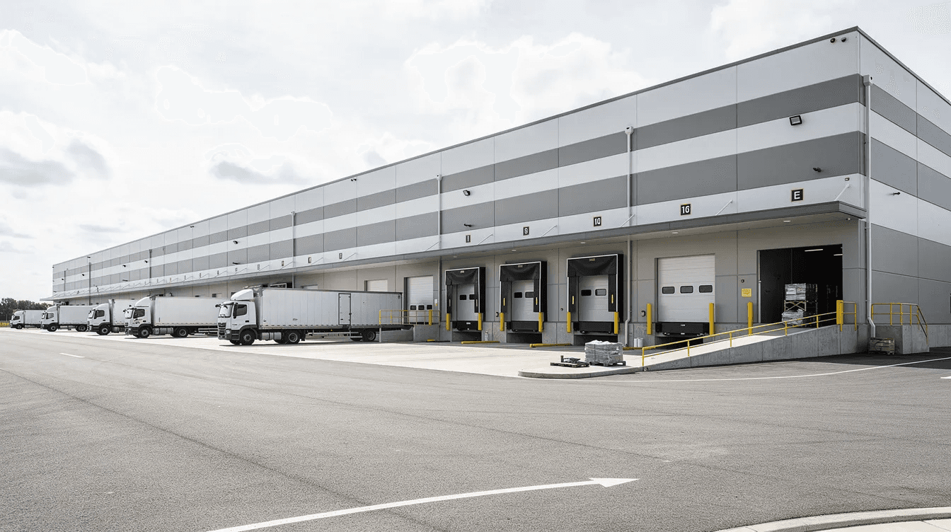 The image depicts a commercial warehouse building featuring a loading dock where several delivery trucks are parked, ready for loading and unloading goods. This setting is essential for businesses that rely on efficient cash flow and logistics, often requiring various financing options like unsecured business loans or equipment finance to manage their operations effectively.