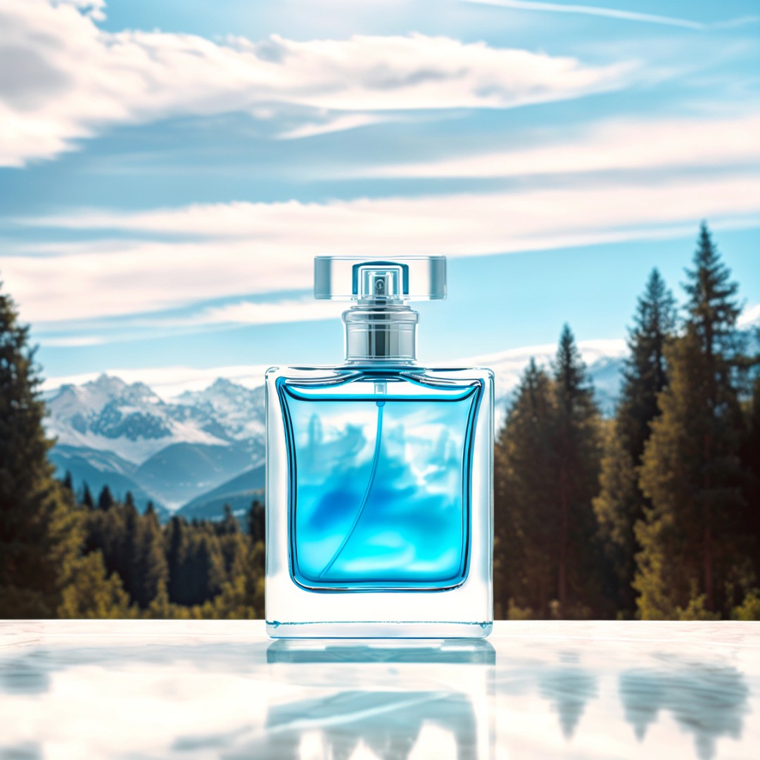 Bottle of perfume on a marble table in the alps. Image generated by AI using Fuzer