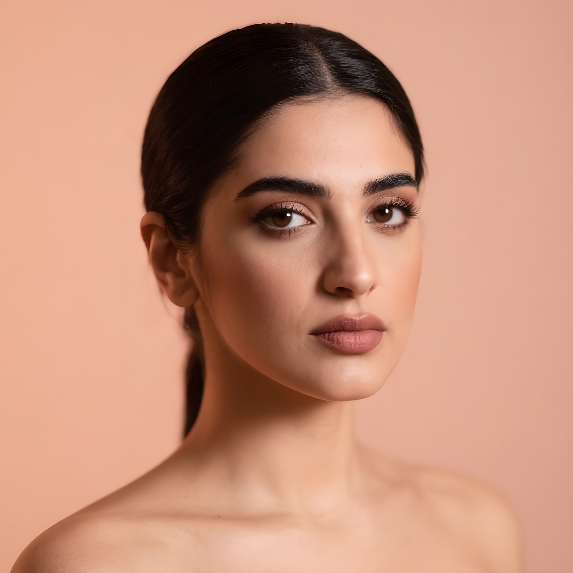 Close-up of hands holding a small glass bottle with a liquid skincare product, against a soft, blurred background