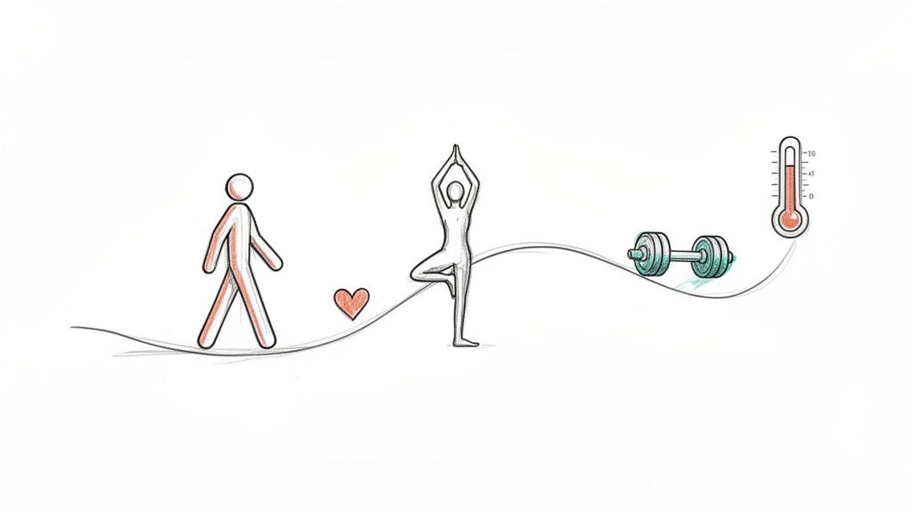 An illustration depicting various health activities: walking, yoga, weightlifting, with a heart and a thermometer.