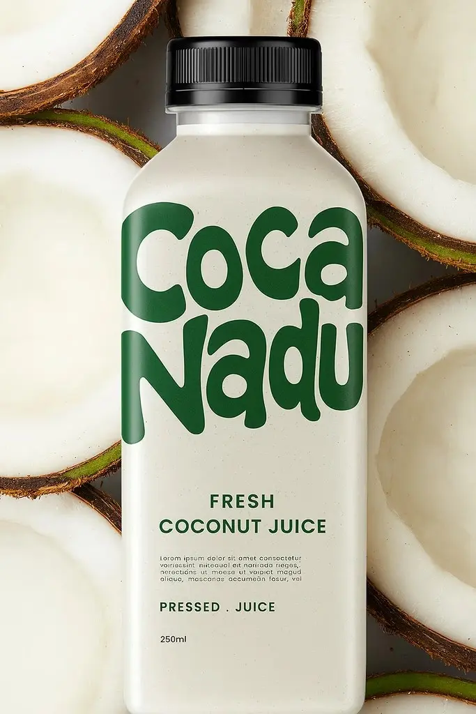 Fresh coconut juice bottle branding for Coca Nadu with bold typography and coconut backdrop