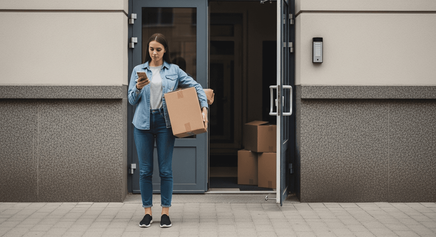 A young woman holding a moving box on a city sidewalk while checking her phone outside her new apartment