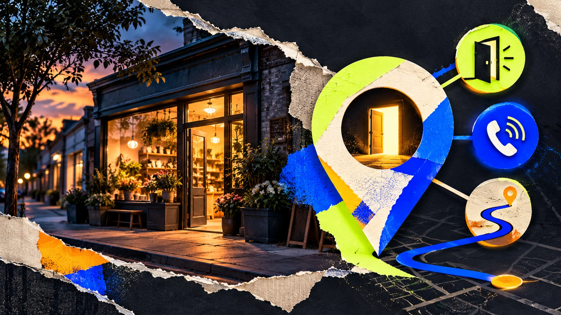 Editorial collage of a warmly lit storefront and a large map pin, linked to symbols for an open door, phone, and route. The image represents a listing that helps customers reach the real business.