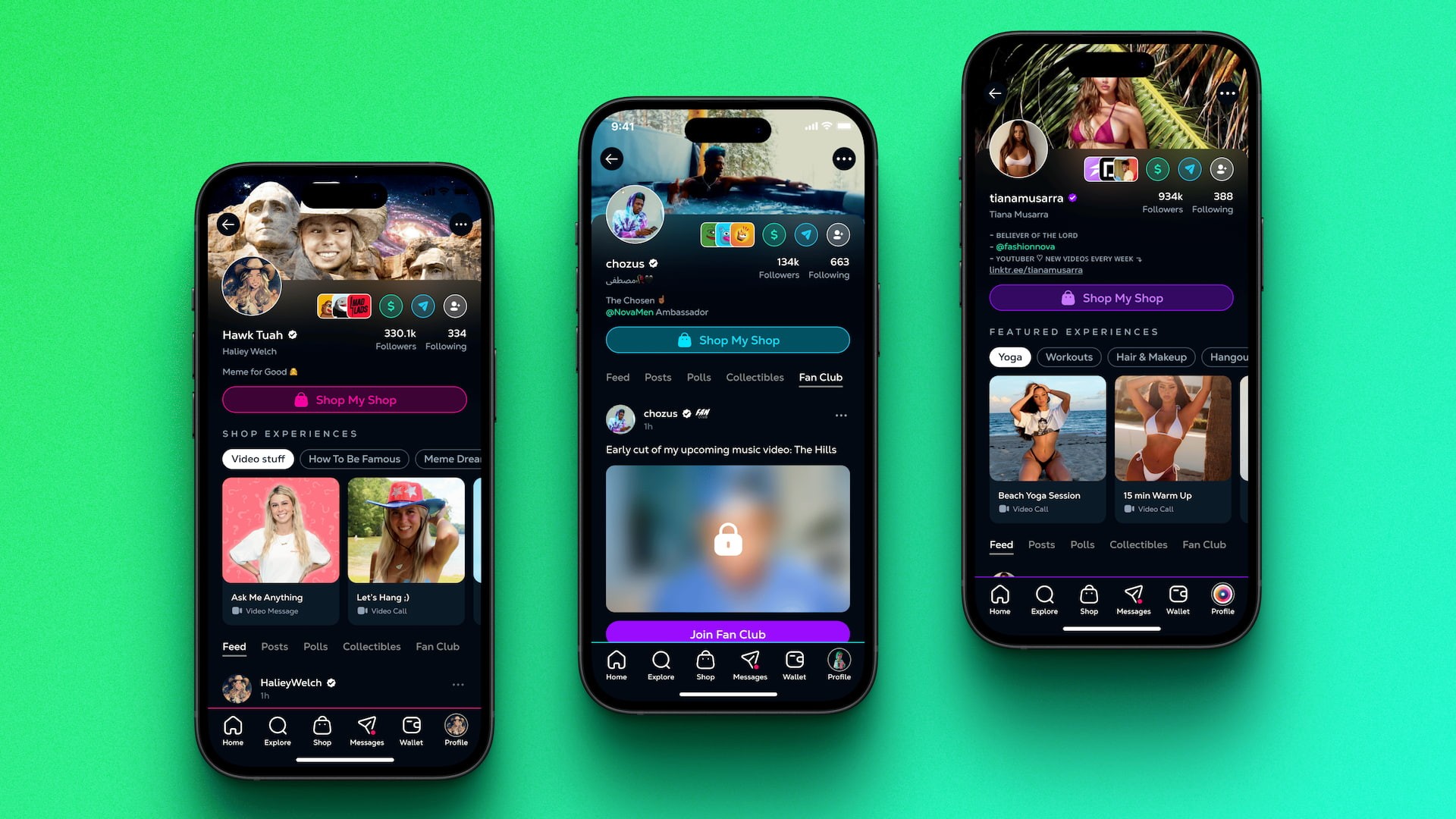 Creator profile interface for a blockchain social platform, featuring follower counts, creator bio, navigation tabs, and monetization entry points, designed by Chadd Weston for Calaxy.