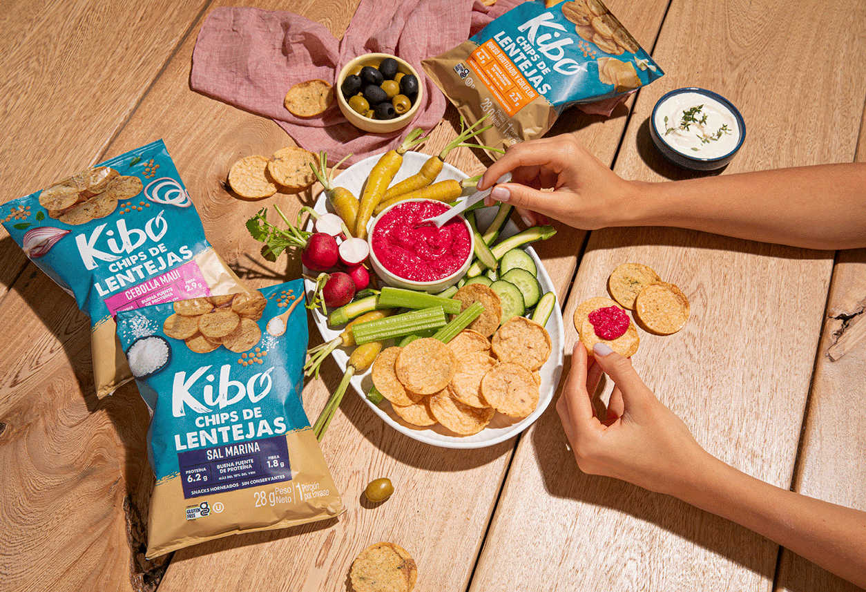 Kibo lentil chips packaging design front view with suggested serving