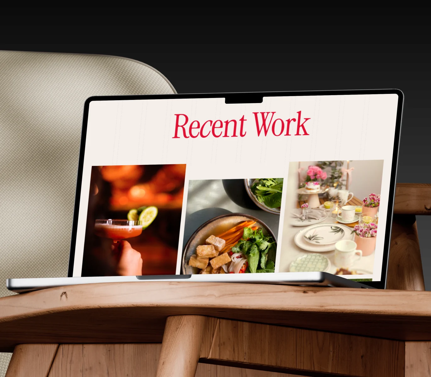 Vidushi Singhania portfolio page showing recent food and lifestyle work on a laptop.