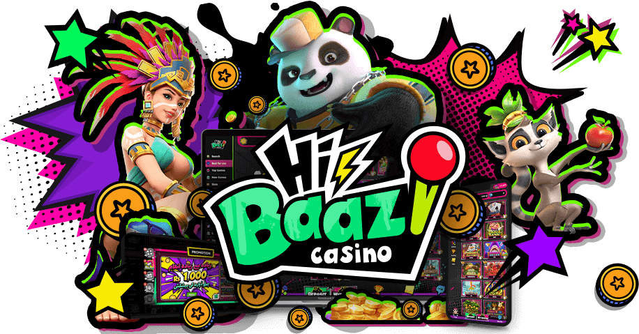 Hibaazi online casino promotional main visual with famous character and various game characters, displaying app interface and coin rewards