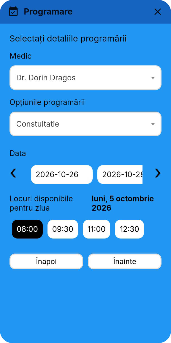 Captură de ecran din aplicația MyMed cu formularul de programare online, unde pacientul alege medicul, tipul consultației și ora disponibilă.