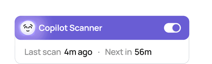 Copilot Scanner toggle showing the last and next automated inbox scan times