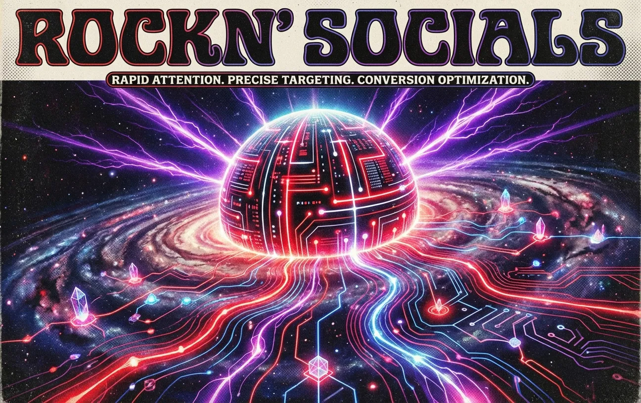 RockN' Socials digital marketing sphere with vibrant energy circuits.