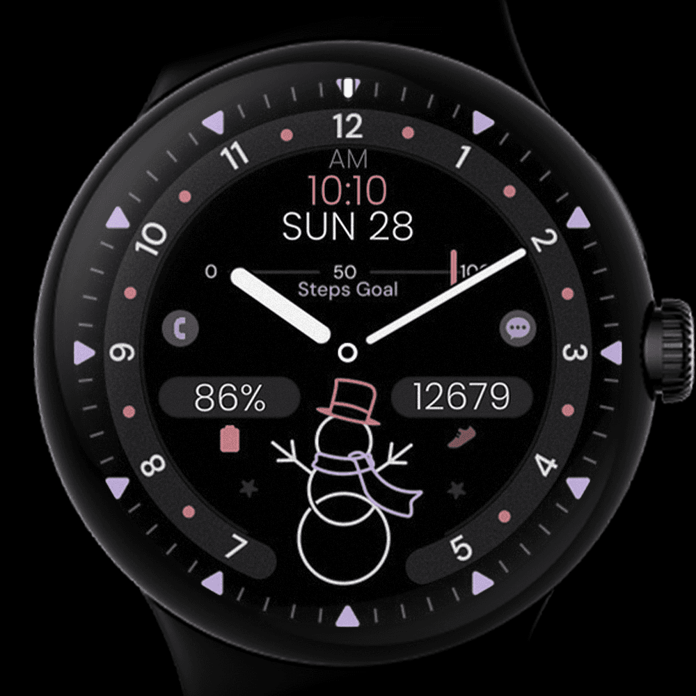 Pixel Watch displaying a snowman watch face