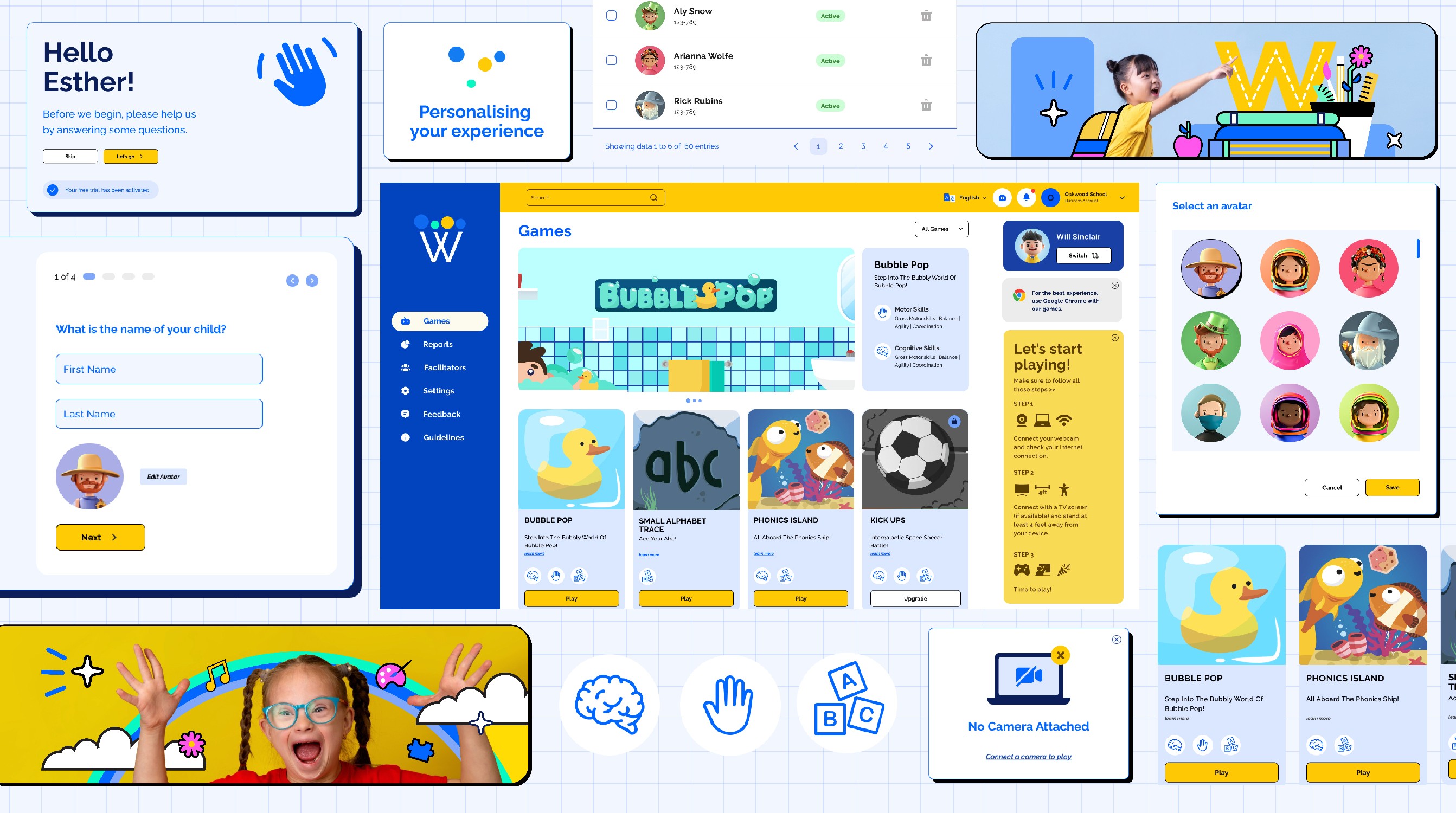 A collection of platform screens and UI components showing how cards, icons, imagery, and illustrations work together as a unified system. The visual structure helps users navigate content easily while maintaining a calm, approachable experience across the platform.