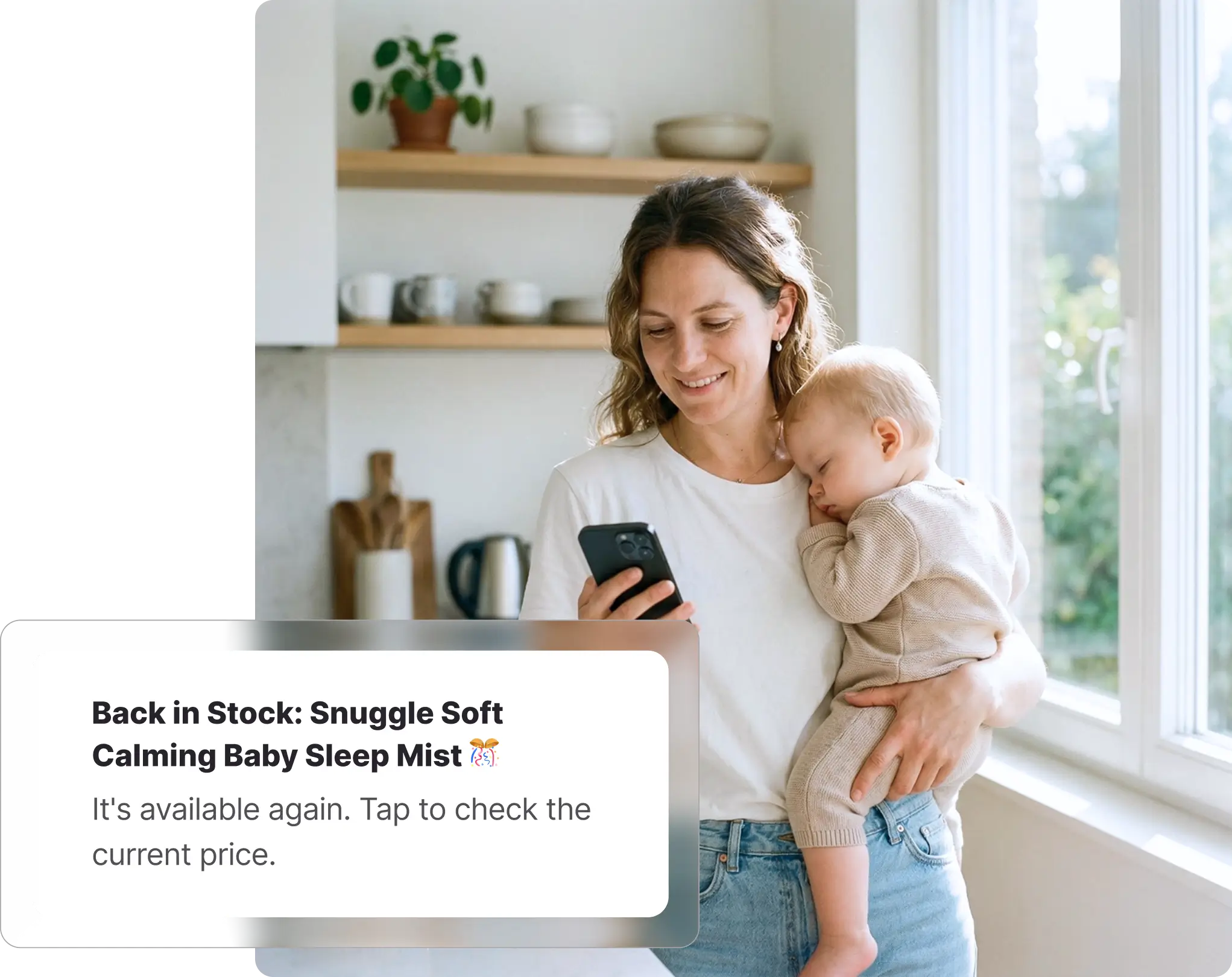 Whisprice back-in-stock notification for a baby product tracked at Chemist Warehouse, confirming the item is available again and prompting the user to check the current price
