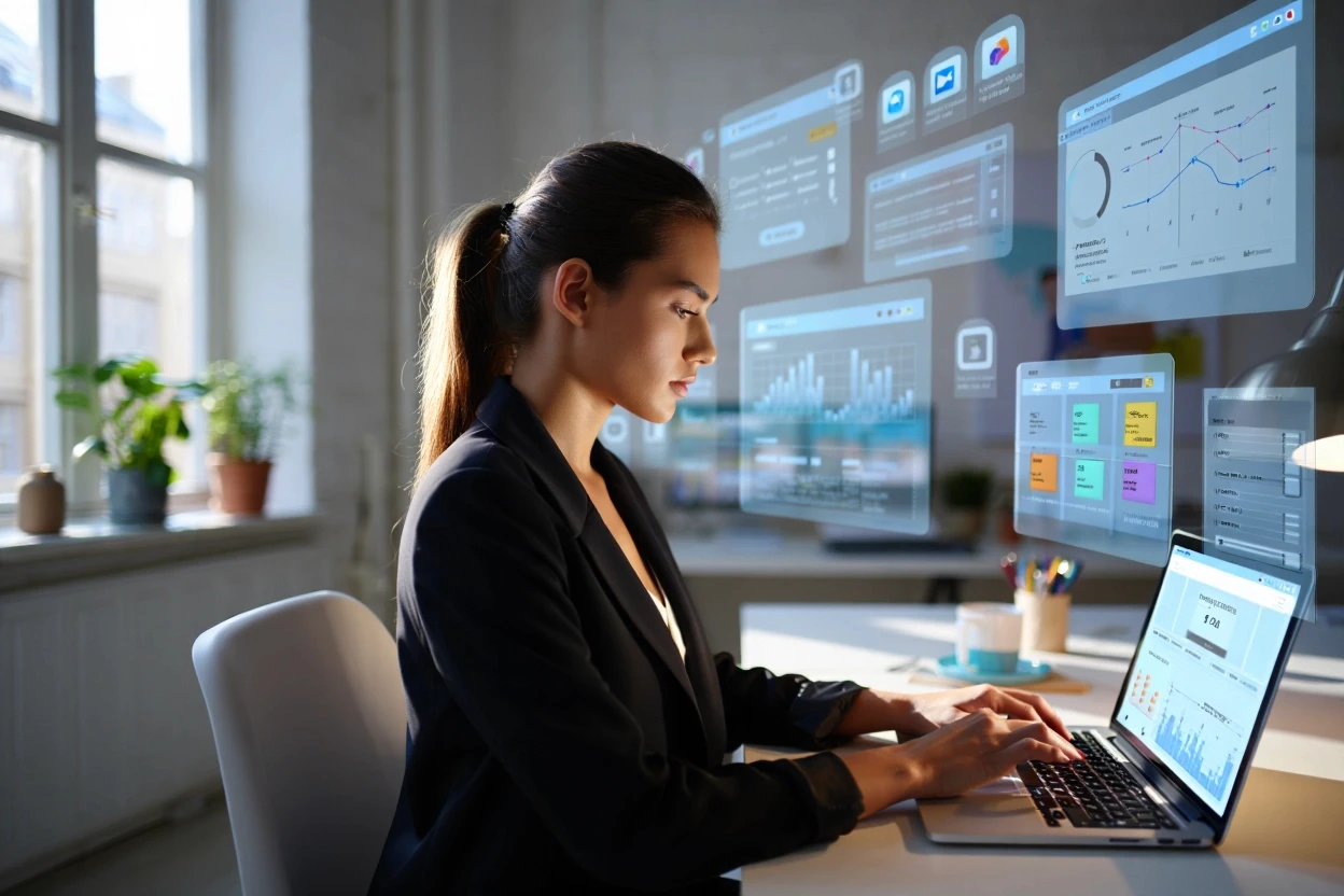 Woman in front of laptop working remotely from home office