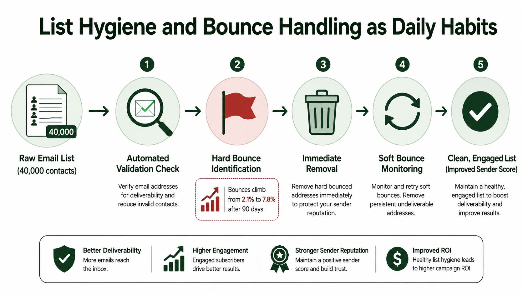 A five-step infographic showing how to manage email list hygiene and bounce handling for better deliverability.