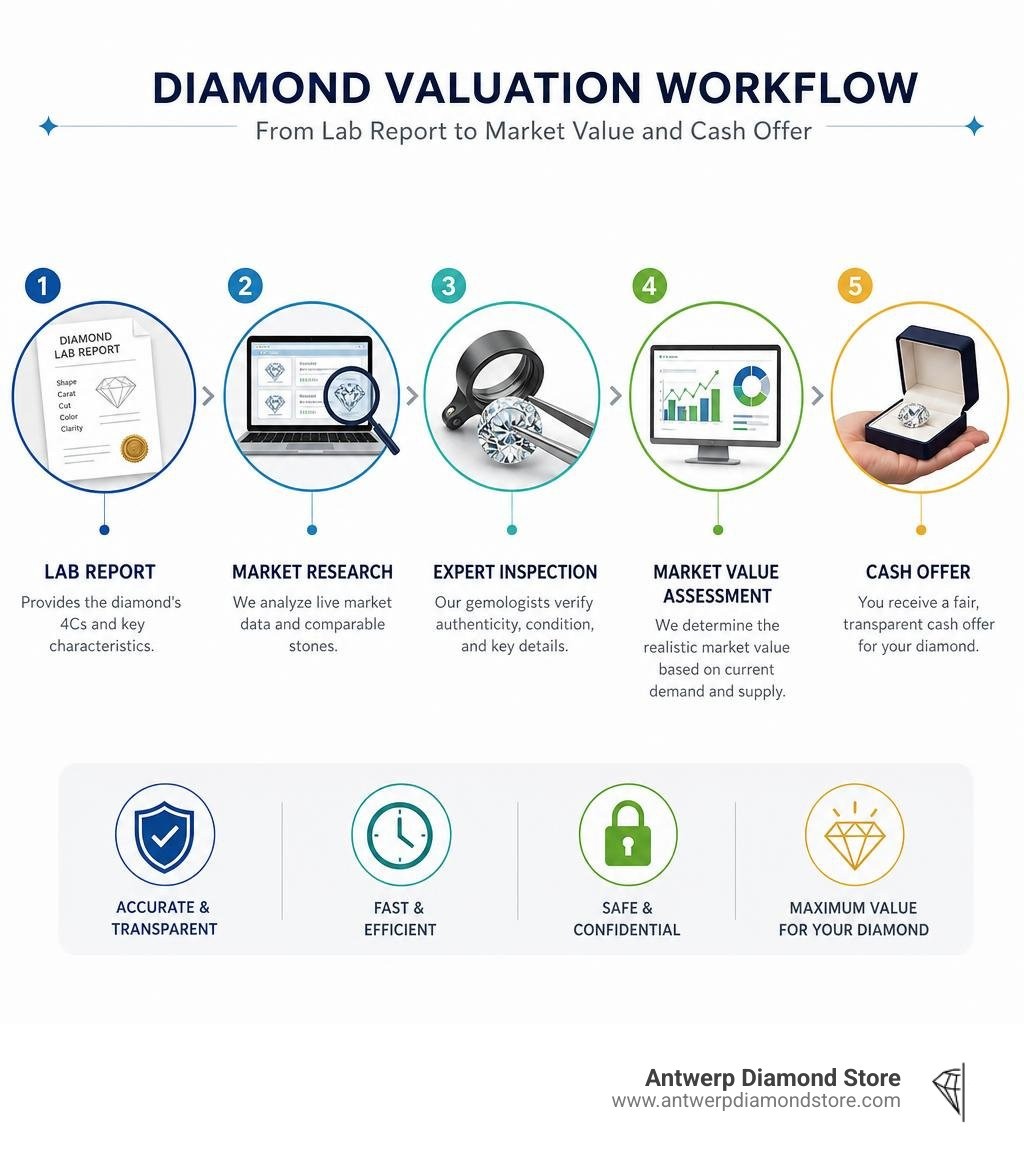 Diamond valuation workflow from lab report to market value and cash offer infographic