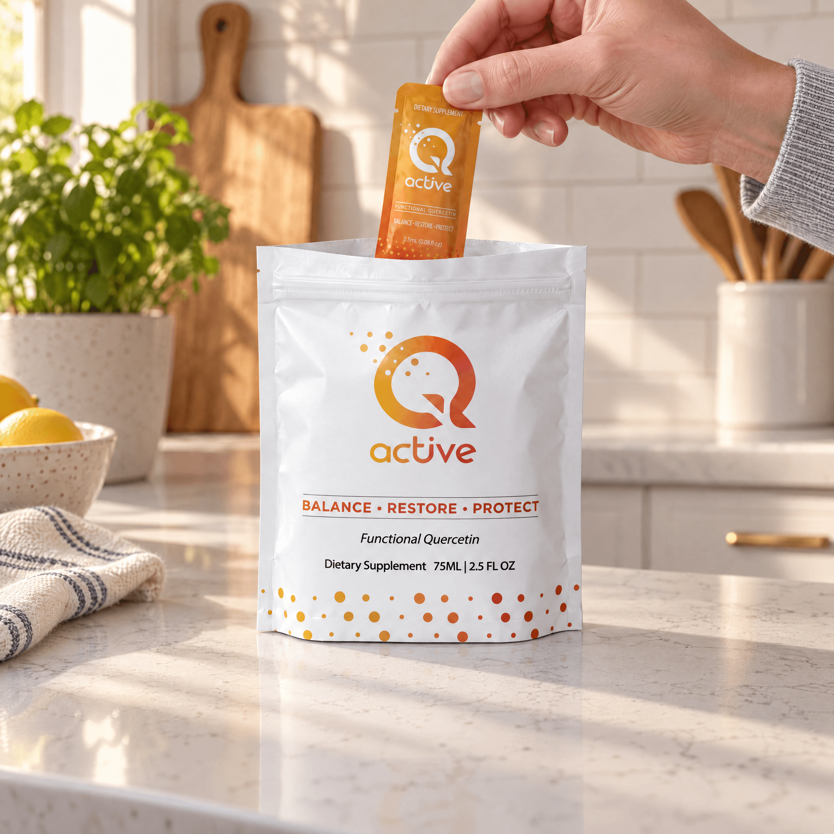 Pre-activated quercetin in a single snap pack.