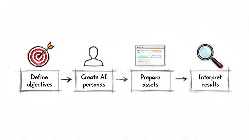 A four-step process flowchart for synthetic user testing: define objectives, create AI personas, prepare assets, interpret results.