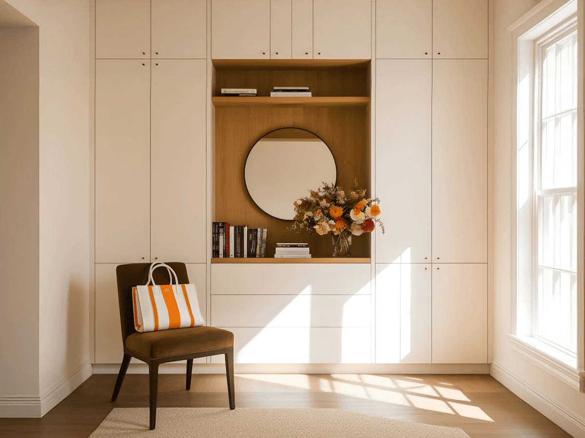 Sunlit entryway nook with built-in white shelving displaying mirror and flowers, wooden accent chair with striped cushion casting dramatic shadows
