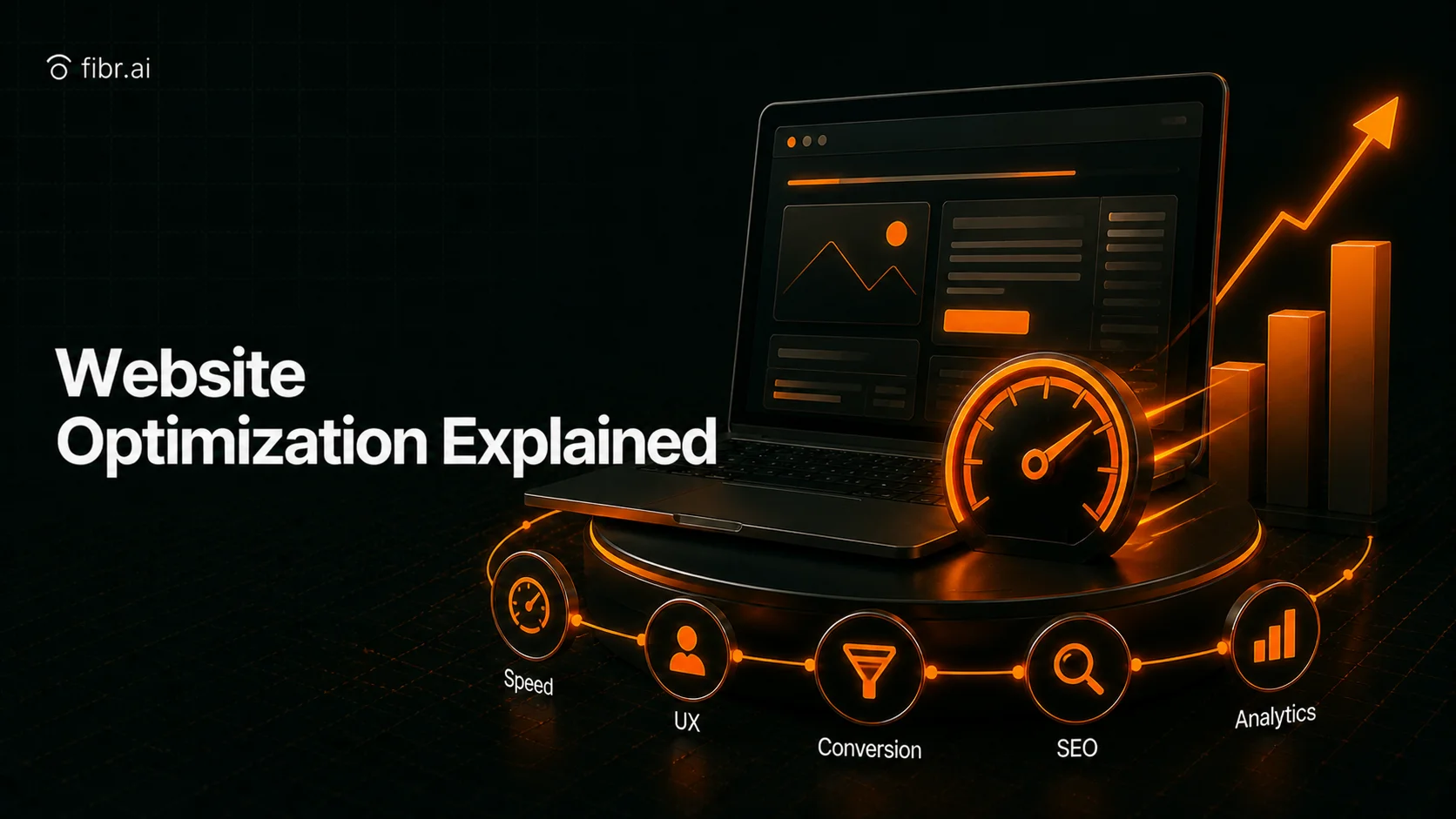 Website optimization visualization showing a digital dashboard with speed, UX, SEO, and analytics signals working together to improve performance and drive higher conversions.
