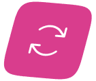 Icon featuring two circular arrows in a refresh symbol on a pink background.