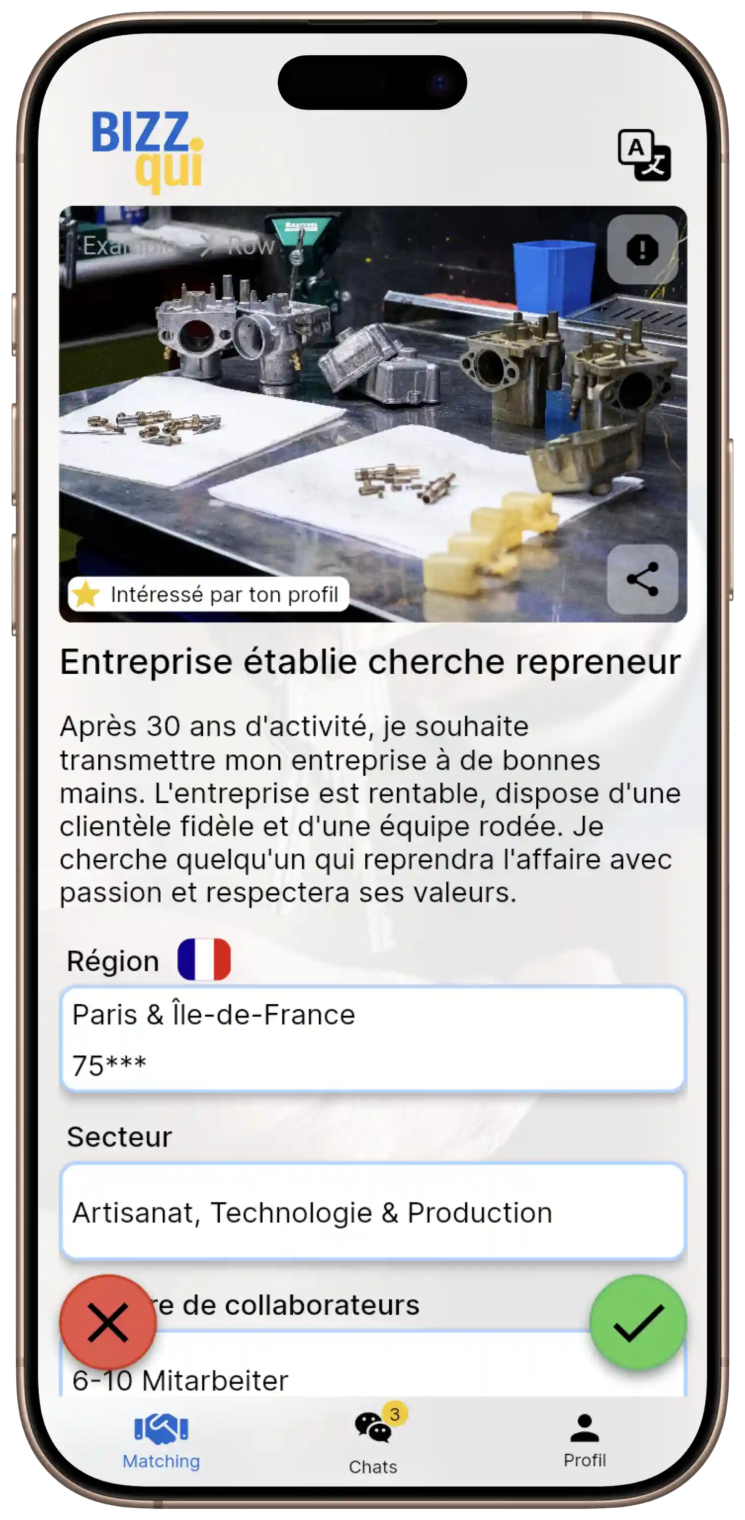 BIZZqui Profil d'entreprise : reprendre une petite entreprise avec chiffre d'affaires, effectif et localisation – plateforme discrète de transmission d'entreprise