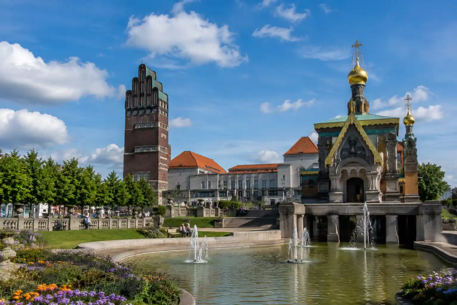 Mathildenhöhe in Darmstadt with the Wedding Tower and Russian Chapel, Germany