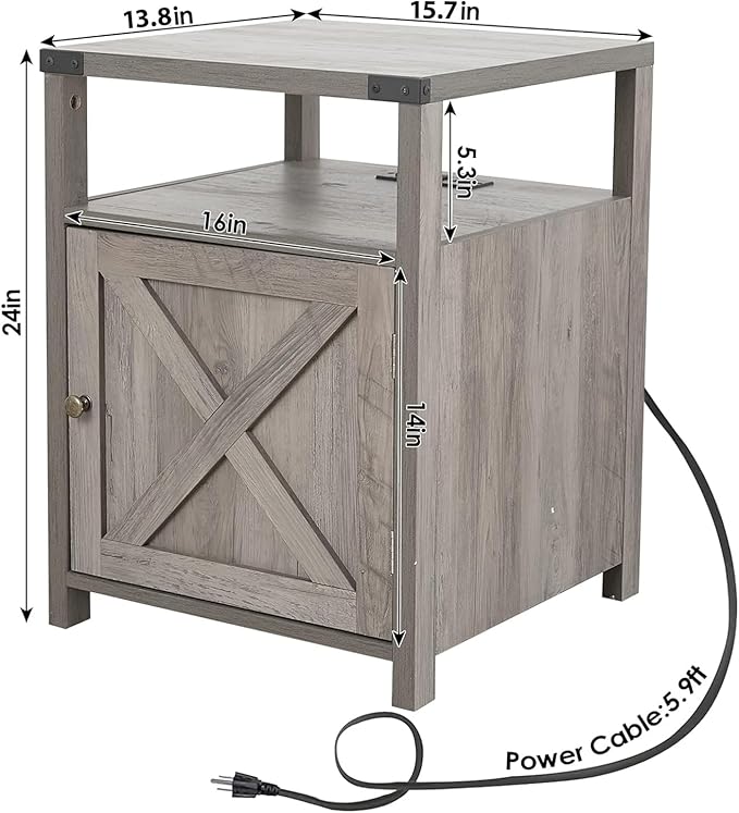 Elegant farmhouse nightstand with charging station with ample storage space and a timeless design.