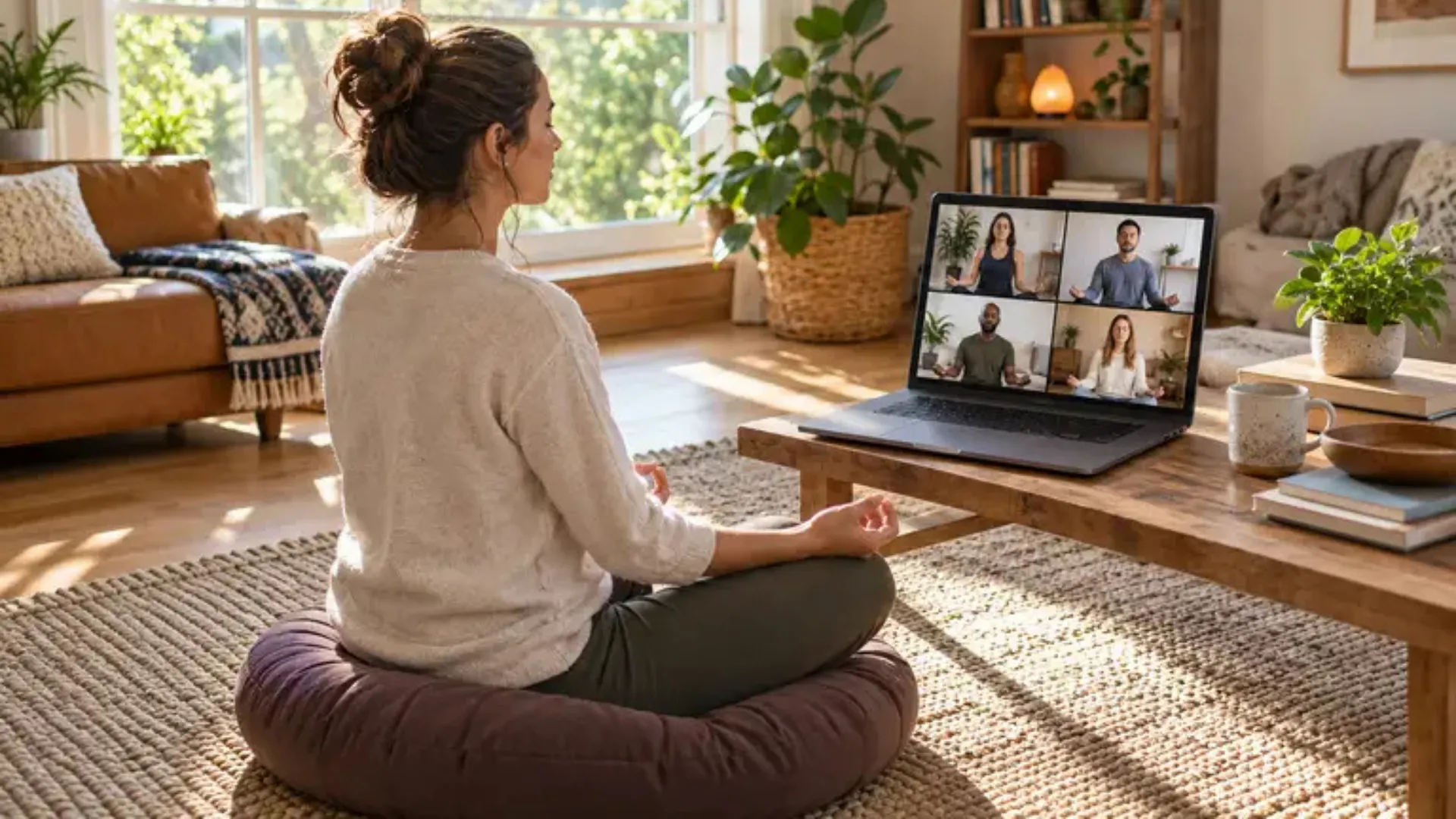 Participant joining an online meditation class from home on a laptop.