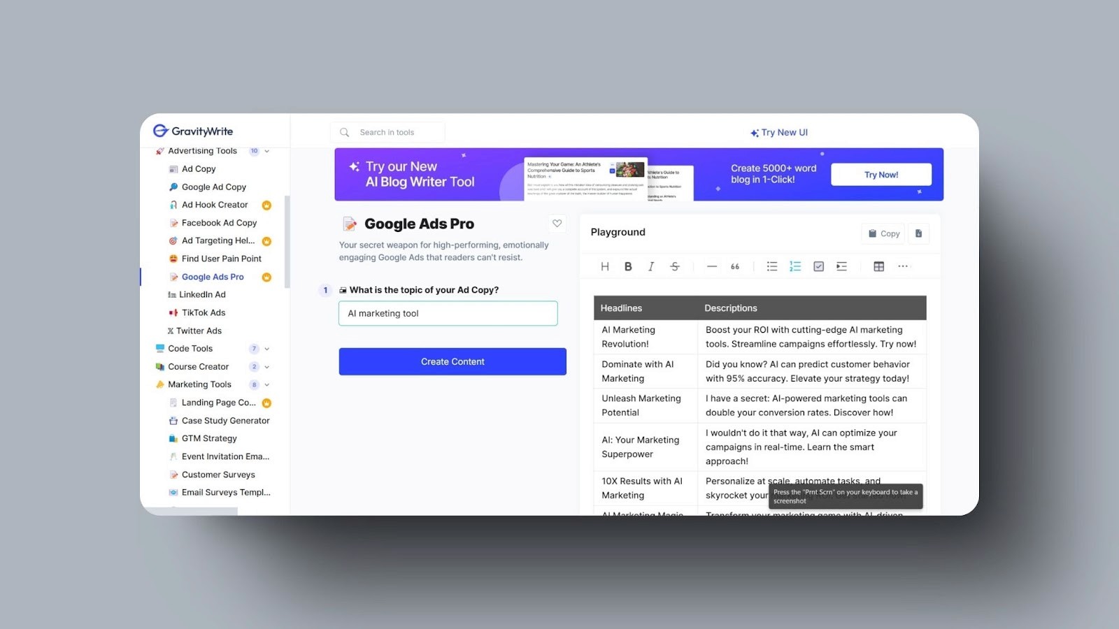 screenshot of GravityWrite's Google Ads Pro tool generating AI marketing tool ad headlines and descriptions for better campaign engagement.