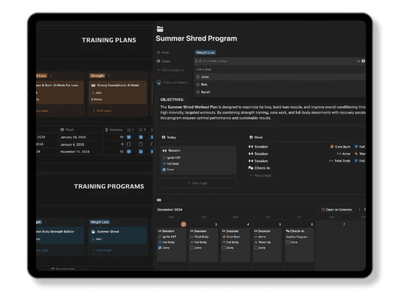 free notion client workout planner template