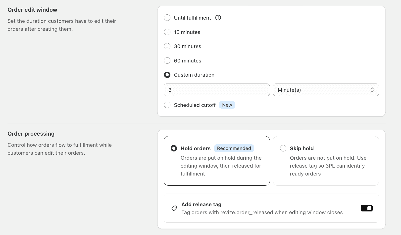 Revize Order Editing App interface to choose the order edit window
