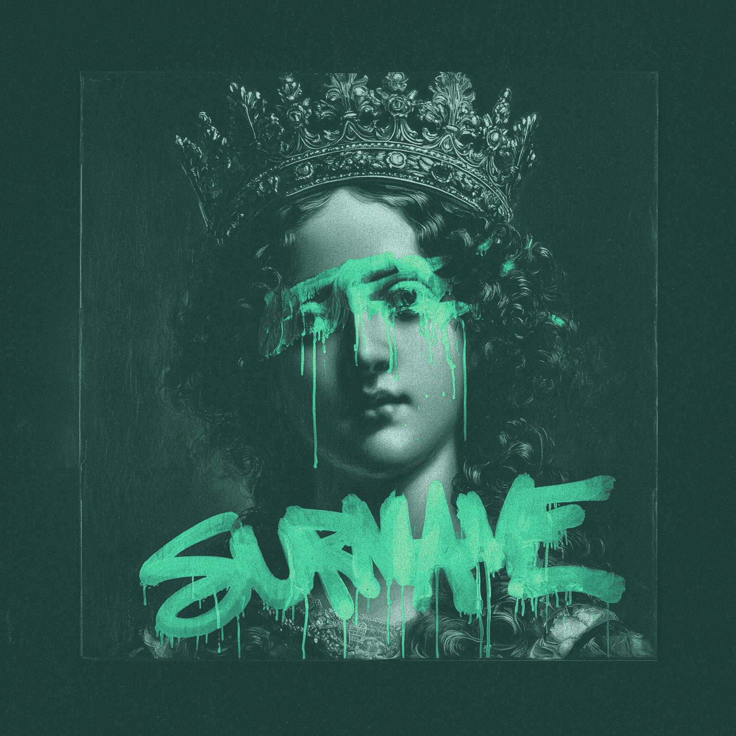 A classical crowned portrait overpainted with neon-green graffiti reading “SURNAME”, symbolizing the clash between legacy prestige and modern branding.