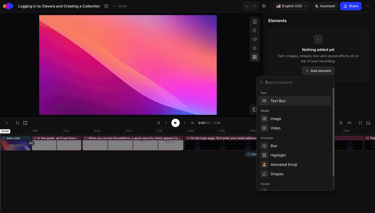 Clevera's timeline editor with the Add element menu open: text box, image, video, blur, highlight, animated emoji and shapes
