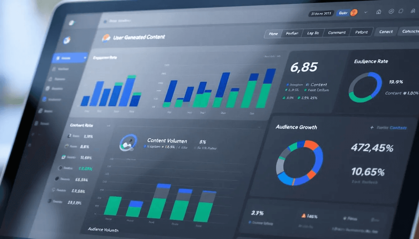 An analytics dashboard displays key performance metrics for user-generated content (UGC) across various social media platforms, highlighting customer engagement, brand sentiment, and the effectiveness of marketing strategies. The visual data provides valuable insights into how UGC creators contribute to brand loyalty and increase brand awareness through authentic and relatable content.