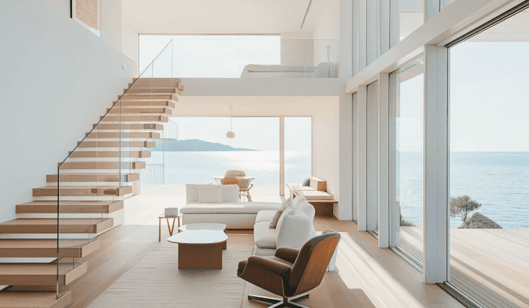 Spacious modern living room with ocean view and floating wooden staircase.