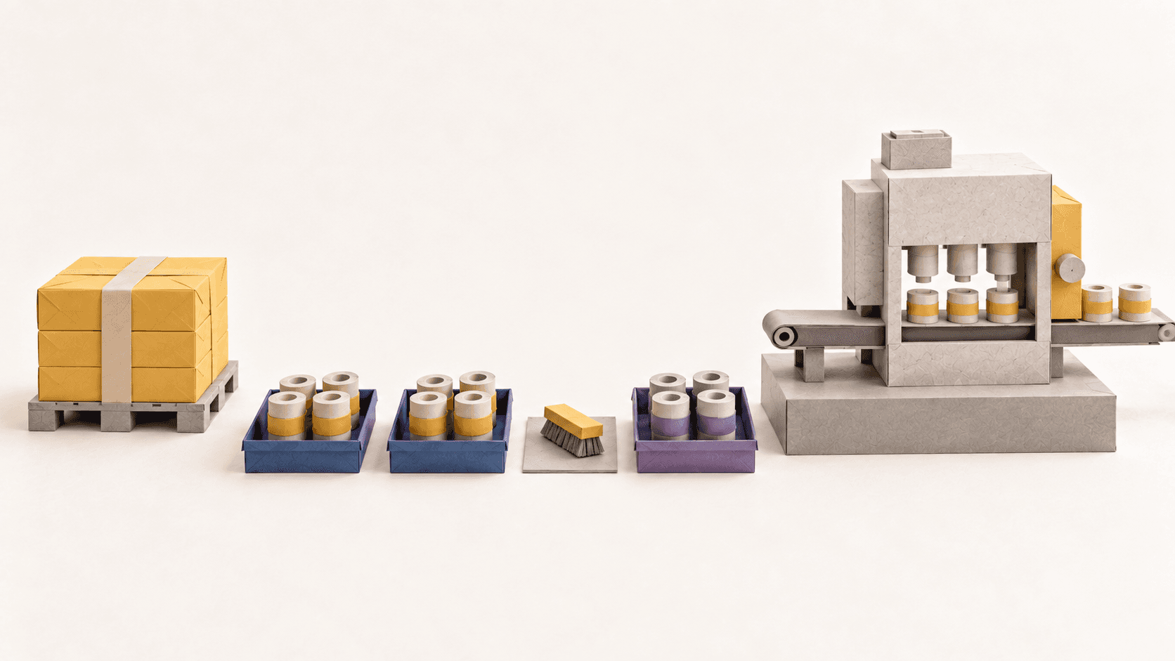 Paper-craft production line with a banded pallet of material, two trays of one product family, a cleaning brush marking a changeover, one tray of another family and a small machine with a conveyor.