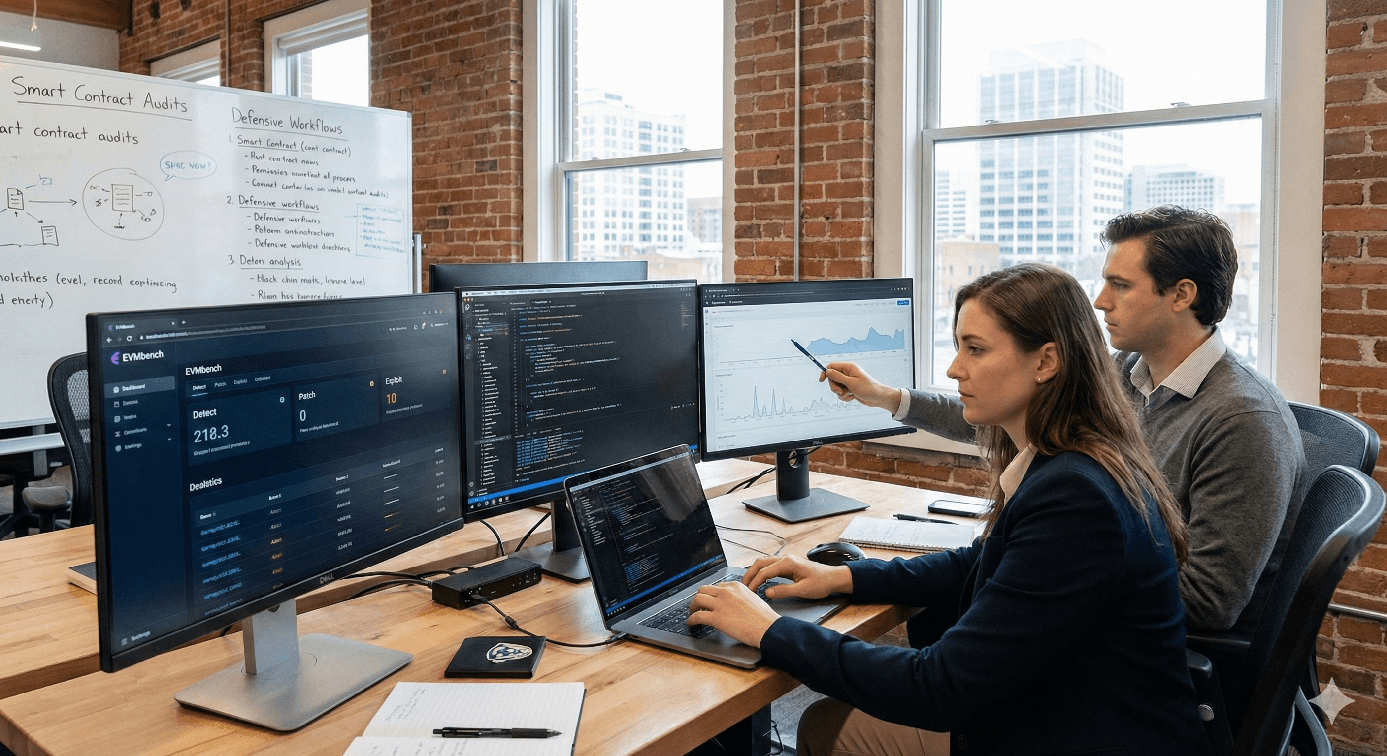 Two professionals collaborate in a modern office, analyzing data related to AI and smart contract security on multiple computer screens, surrounded by exposed brick walls and large windows displaying an urban skyline; whiteboards in the background display notes and diagrams on smart contract audits.