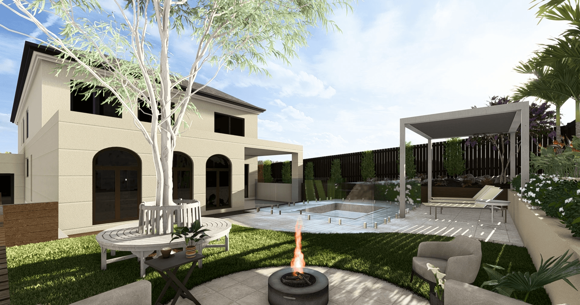 Luxurious modern interior with a sculptural art piece, floating books, a sleek marble bench, ambient lighting, and a gold metal partition