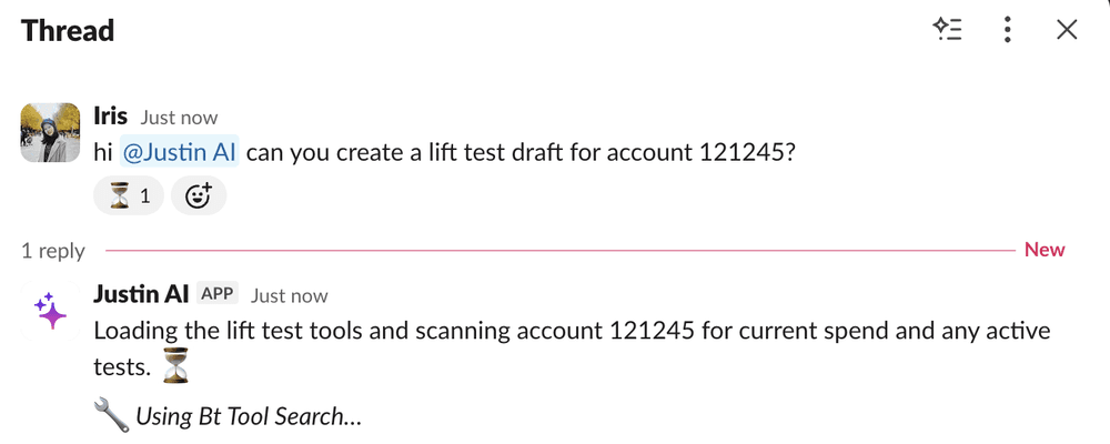 Someone @-mentions Justin AI in a Slack thread and it reacts to the message while it works