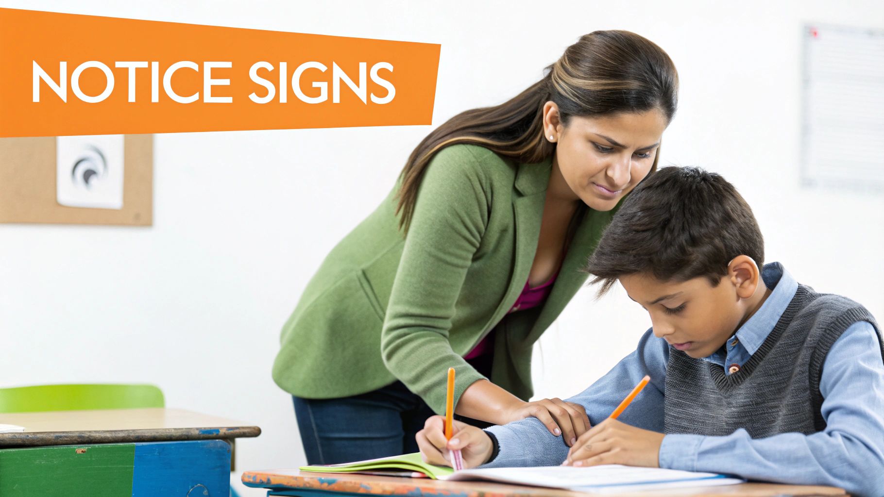 A female teacher in a green blazer helps a young male student write in a classroom.