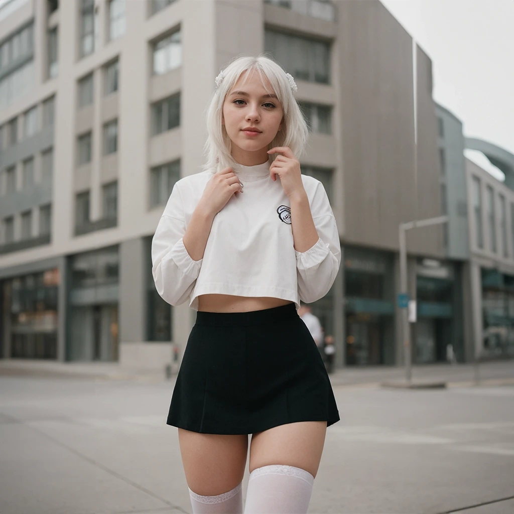 A girl with white hair wearing a white shirt and black skirt poses for a picture in front of a modern glass and modern building.AI Fashion Model. Modiqlo