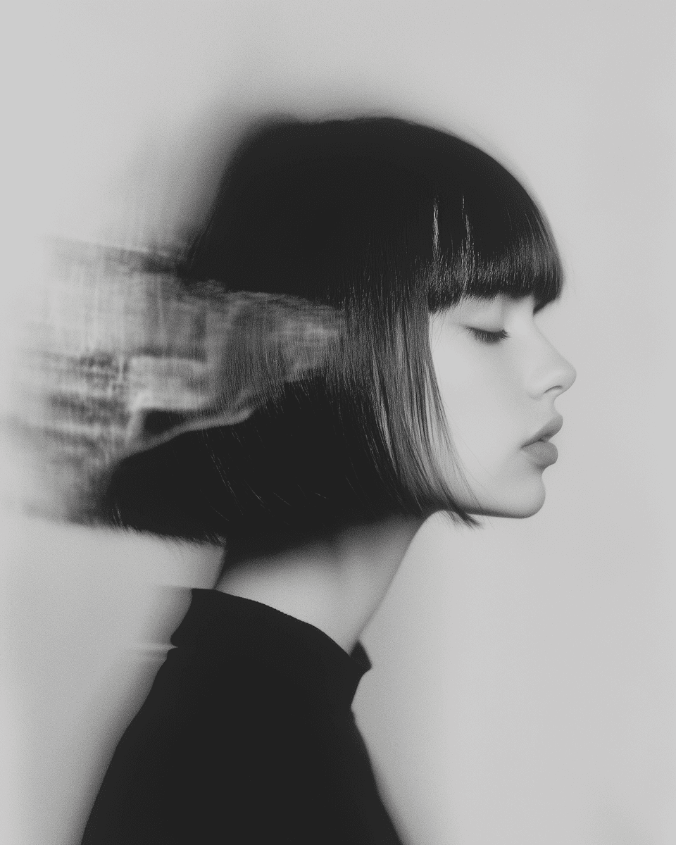 Black-and-white profile portrait of MIU with motion blur